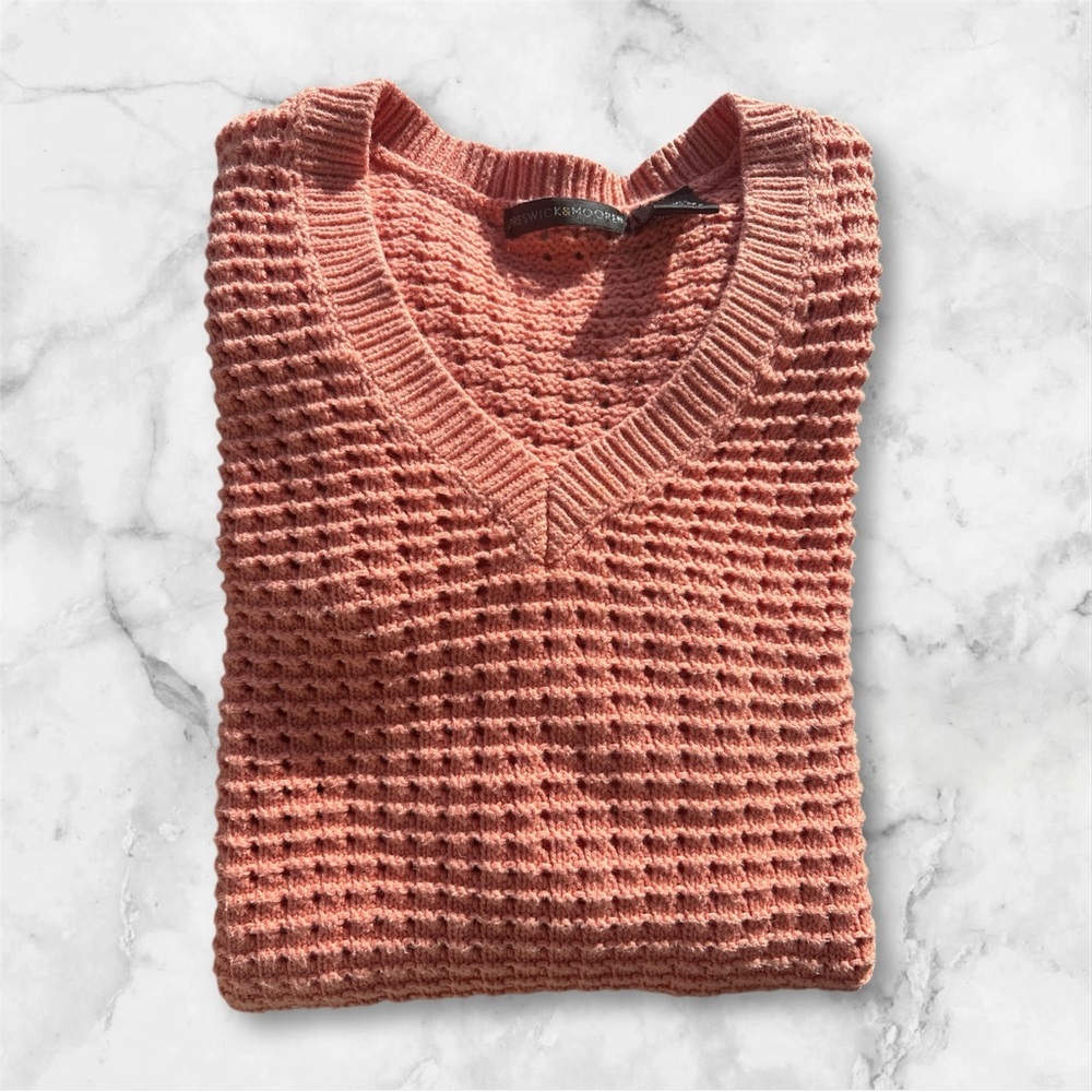 V-neck Open Knit Sweater by Preswick & Moore in Coral color and WAFFLE KNIT - Picture 3 of 4